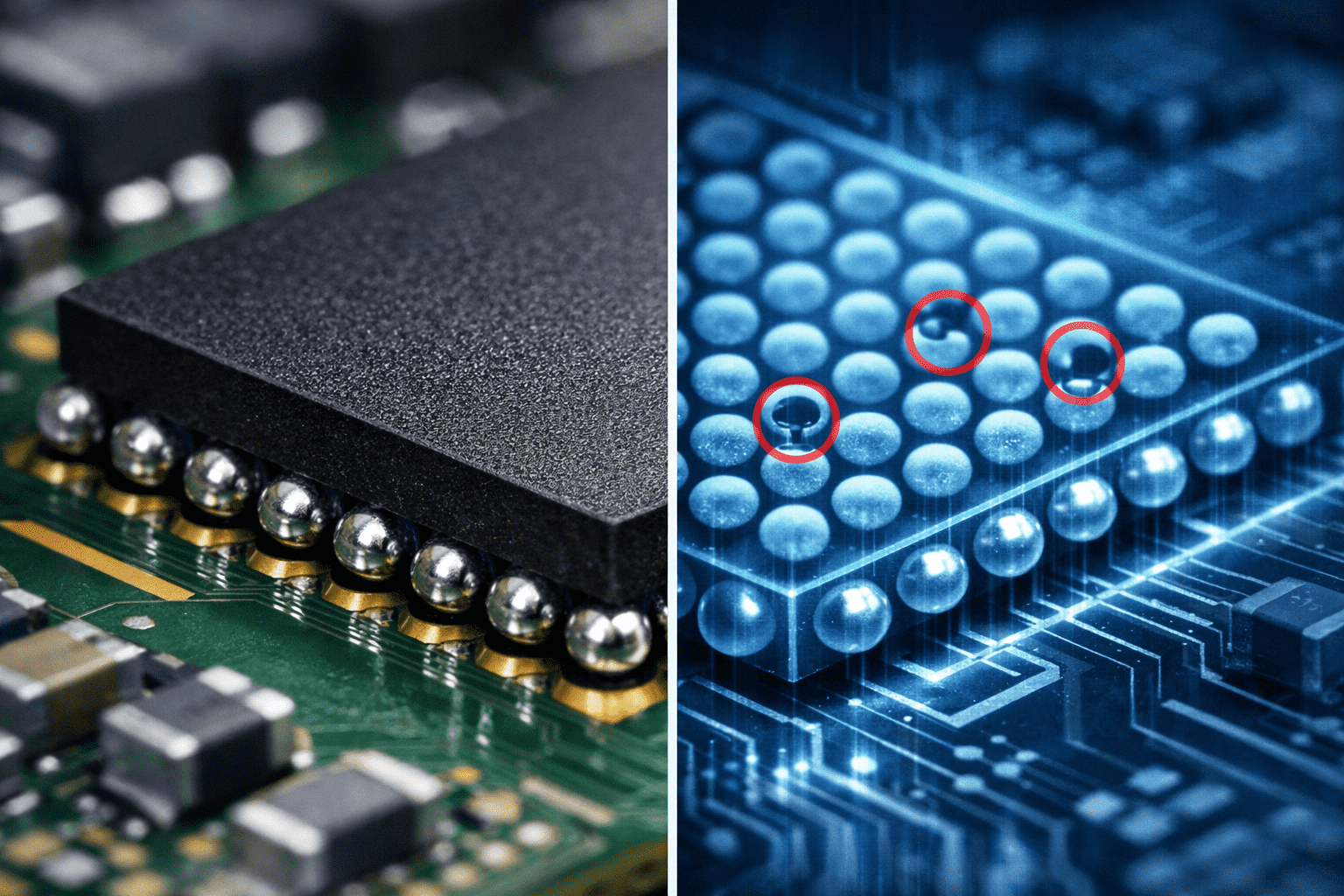 3D X-ray image of BGA solder joints showing spherical solder balls in grid array